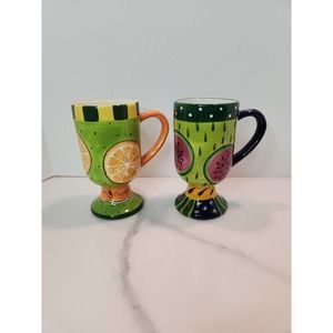 Set of 2 Fruit Pattern Pedestal Latte Mugs Hand Painted by Milson and Louis